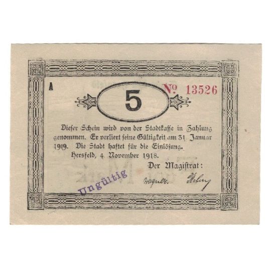 Banknote, Germany, Hersfeld Stadt, 5 Mark, Texte, 1919, 1919-01-31, AU(55-58)