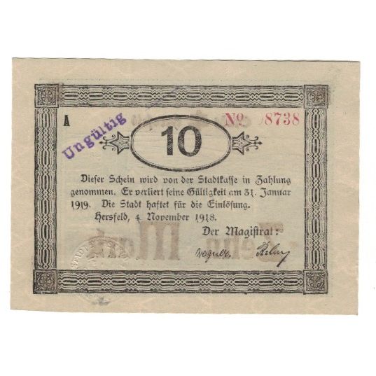 Banknote, Germany, Hersfeld Stadt, 10 Mark, Texte, 1919, 1919-01-31, AU(55-58)