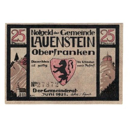 Banknote, Germany, Lauenstein Gemeinde, 25 Pfennig, château, 1921, AU(55-58)