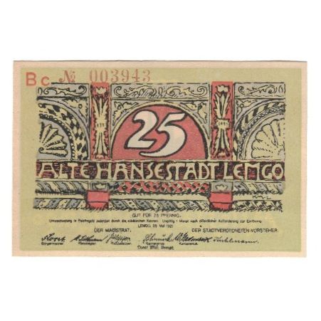 Nota, Alemanha, Lemgo Stadt, 25 Pfennig, Ville, 1921, 1921-05-25, AU(55-58)