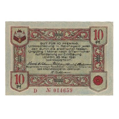 Banknote, Germany, Lemgo Stadt, 10 Pfennig, Texte, 1921, 1921-05-25, AU(55-58)