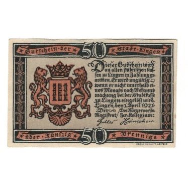 Banknote, Germany, Lingen Stadt, 50 Pfennig, Bataille, AU(55-58), Mehl:803.1