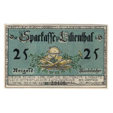Banknote, Germany, Lilienthal Sparkasse, 25 Pfennig, portrait, 1921, 1921-05-15