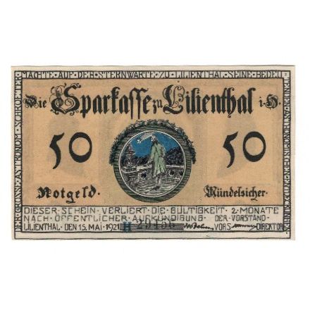 Banknote, Germany, Lilienthal Sparkasse, 50 Pfennig, portrait, 1921, 1921-05-15