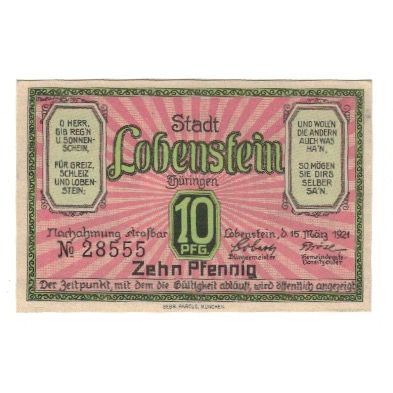 Geldschein, Deutschland, Lobenstein Stadt, 10 Pfennig, paysage, 1921