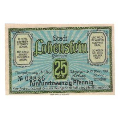 Billet, Allemagne, Lobenstein Stadt, 25 Pfennig, jardin, 1921, 1921-03-15, SUP