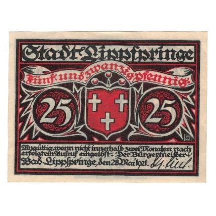 Banknote, Germany, Lippspringe, Bad Stadt, 25 Pfennig, personnage, 1921