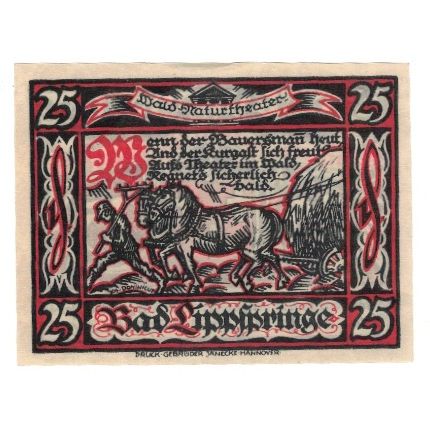 Banknote, Germany, Lippspringe, Bad Stadt, 25 Pfennig, personnage, 1921