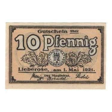 Banknote, Germany, Lieberose Stadt, 10 Pfennig, valeur faciale, 1919, AU(55-58)