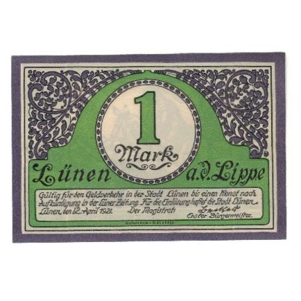 Billete, Alemania, Lunen Stadt, 1 Mark, personnage, 1921, 1921-04-12, EBC