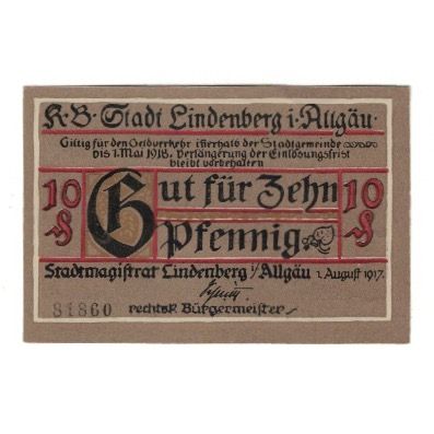 Geldschein, Deutschland, Lindenberg i. Allgäu Stadt, 10 Pfennig, personnage