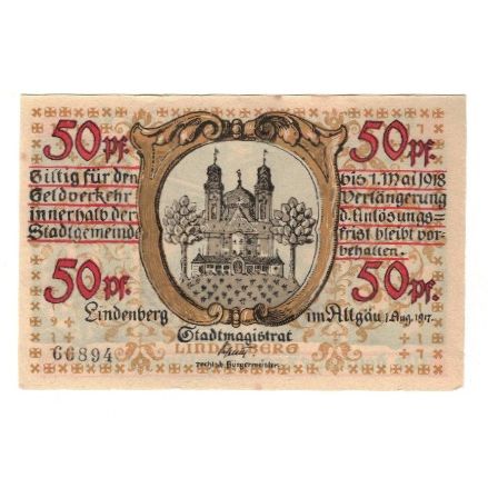 Banconote, Germania, Lindenberg i. Allgäu Stadt, 50 Pfennig, personnage, 1918