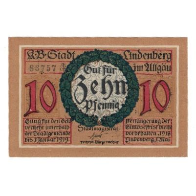 Banconote, Germania, Lindenberg i. Allgäu Stadt, 10 Pfennig, personnage, 1919