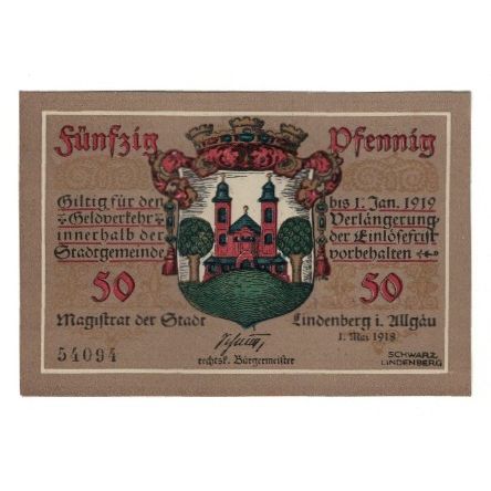 Billet, Allemagne, Lindenberg i. Allgäu Stadt, 50 Pfennig, personnage, 1919