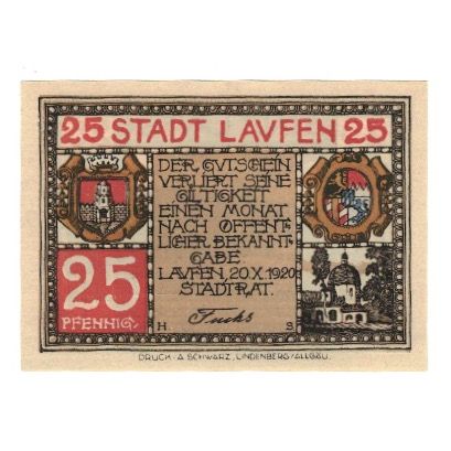 Banknote, Germany, Laufen Stadt, 25 Pfennig, paysage, 1920, 1920-10-20