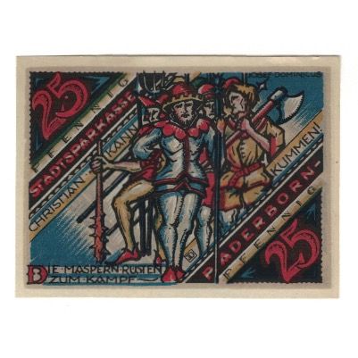 Billet, Allemagne, Paderborn Stadt, 25 Pfennig, personnage, 1921, 1921-11-10
