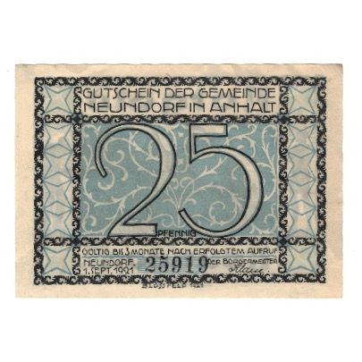 Banknote, Germany, Neundorf Gemeinde, 25 Pfennig, Maison, 1921, 1921-09-01