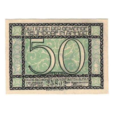 Banknote, Germany, Neundorf Gemeinde, 50 Pfennig, moulin, 1921, 1921-09-01