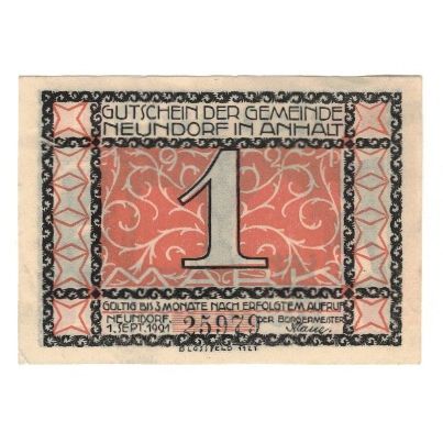 Banknote, Germany, Neundorf Gemeinde, 1 Mark, arbre, 1921, 1921-09-01