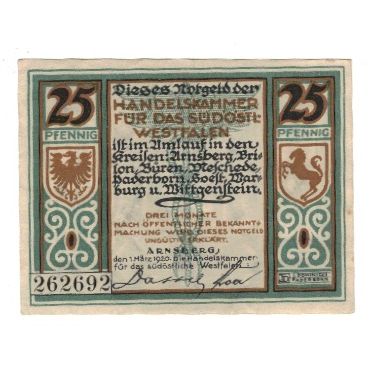 Banknote, Germany, Arnsberg Handelskammer für das südöstliche Westfalen, 25