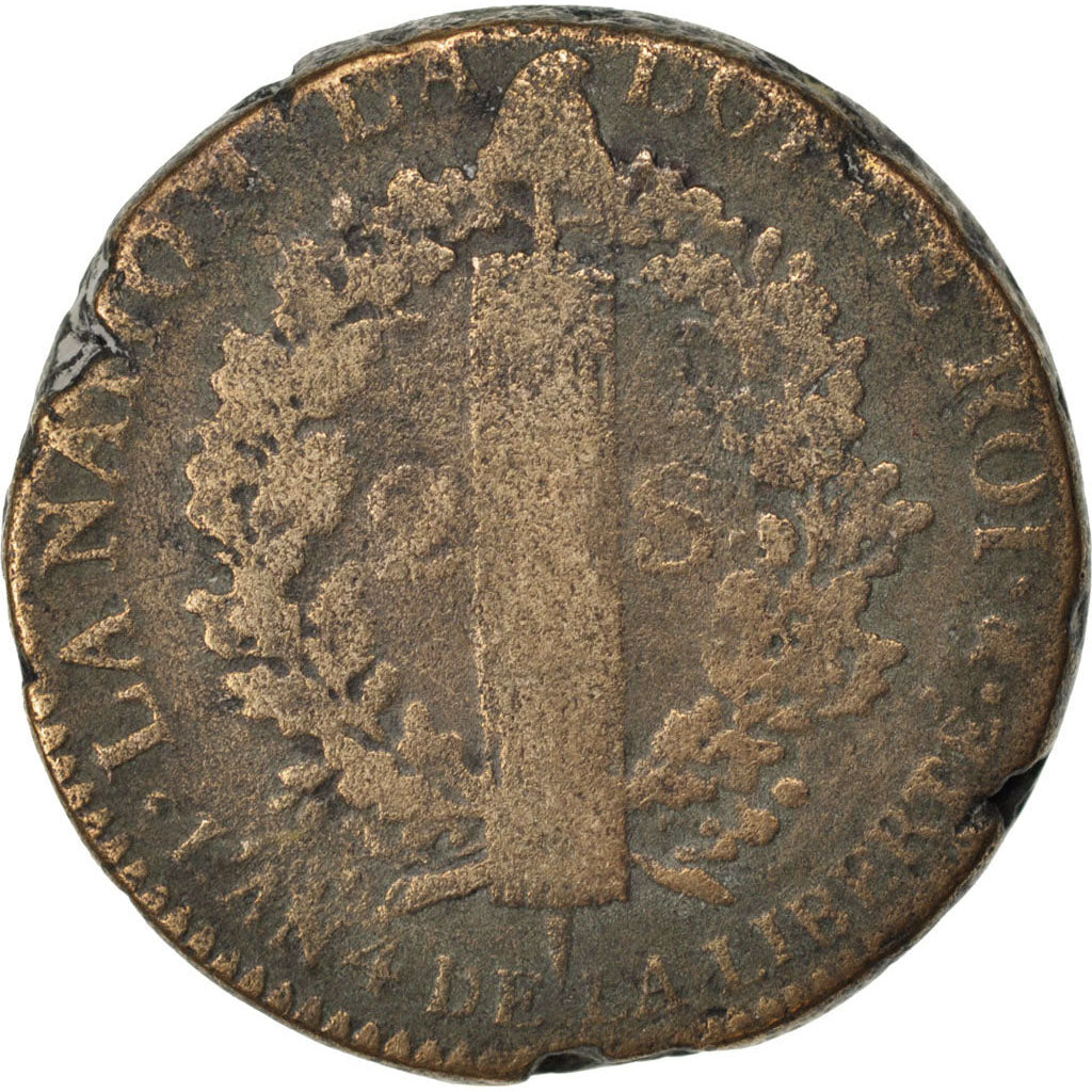 Francia, 2 Sols, 2 sols françois, 1792, La Rochelle, Bronce, BC+, Gadoury:25