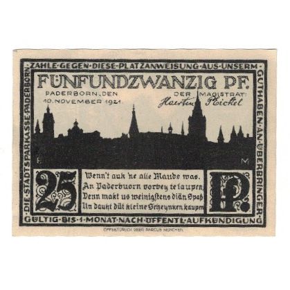 Banknote, Germany, Paderborn Stadt, 25 Pfennig, ruelle, 1921, 1921-11-10