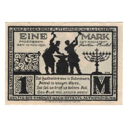 Geldschein, Deutschland, Paderborn Stadt, 1 Mark, Batiment, 1921, 1921-11-10