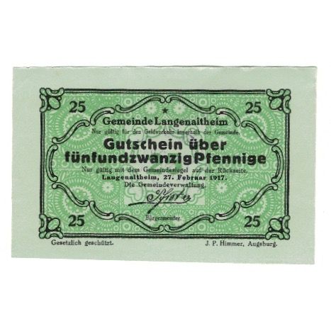 Banknote, Germany, Langenaltheim Gemeinde, 25 Pfennig, N.D, 1921, 1921-02-27