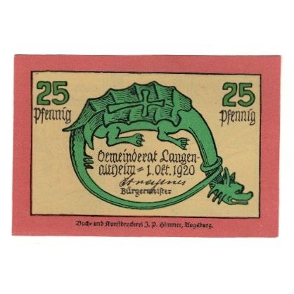 Billete, Alemania, Langenaltheim Gemeinde, 25 Pfennig, oiseaux, 1920