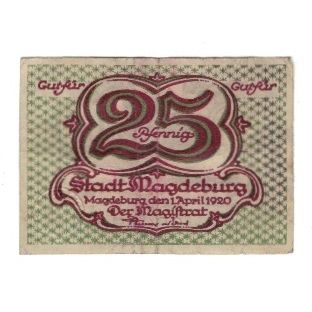Billet, Allemagne, Magdeburg Stadt, 25 Pfennig, Batiment, 1920, 1920-04-01, TTB