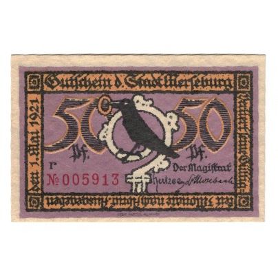 Billet, Allemagne, Merseburg Stadt, 50 Pfennig, batiment 2, 1921, 1921-05-01