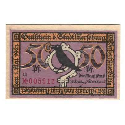 Banknote, Germany, Merseburg Stadt, 50 Pfennig, rue, 1921, 1921-05-01