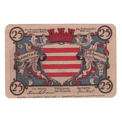 Banknote, Germany, Noschenrode Gemeinde, 25 Pfennig, Batiment, 1921, 1921-06-15