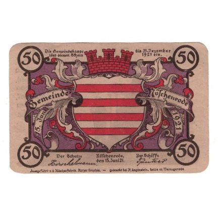 Banknote, Germany, Noschenrode Gemeinde, 50 Pfennig, personnage, 1921