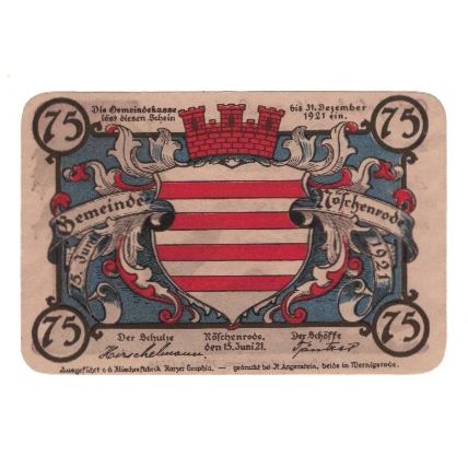 Banknote, Germany, Noschenrode Gemeinde, 75 Pfennig, cerf, 1921, 1921-06-15