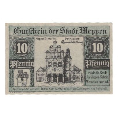 Banknote, Germany, Meppen Stadt, 10 Pfennig, personnage, 1921, 1921-05-30