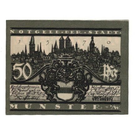 Banknote, Germany, Münster Stadt, 50 Pfennig, statue, 1921, 1921-08-01