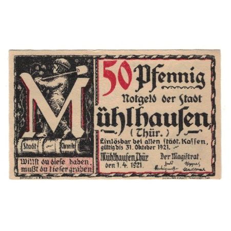 Banknote, Germany, Mühlhausen Stadt, 50 Pfennig, Texte, 1921, 1921-10-31