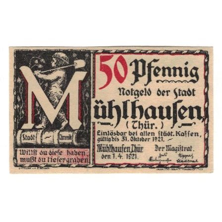 Banknote, Germany, Mühlhausen Stadt, 50 Pfennig, texte 1, 1921, 1921-10-31