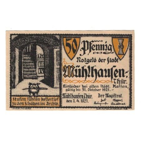 Billet, Allemagne, Mühlhausen Stadt, 50 Pfennig, Texte 2, 1921, 1921-10-31