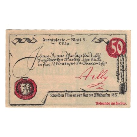 Billet, Allemagne, Mühlhausen Stadt, 50 Pfennig, Texte 2, 1921, 1921-10-31