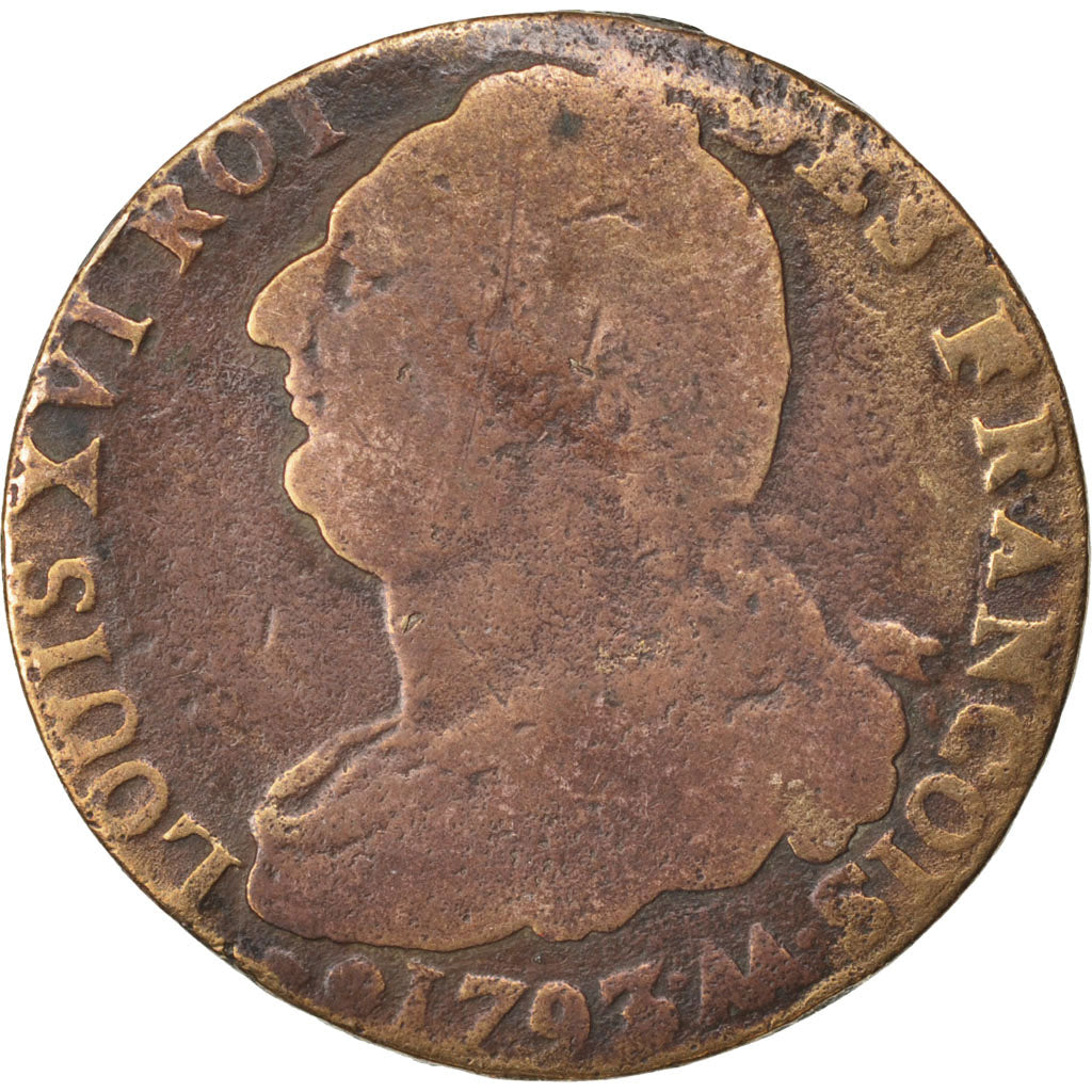 França, 2 Sols, 2 sols françois, 1793, Metz, Bronze, VF(20-25), Gadoury:25