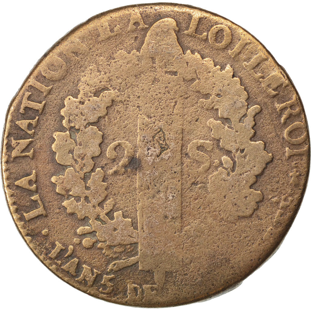 França, 2 Sols, 2 sols françois, 1793, Metz, Bronze, VF(20-25), Gadoury:25