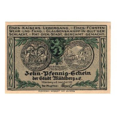 Banknote, Germany, Mühlberg Stadt, 10 Pfennig, Batiment, 1921, 1921-07-01
