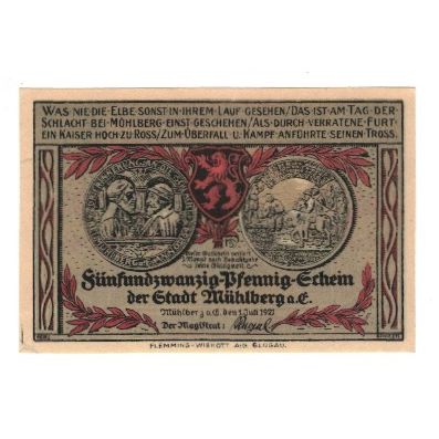 Banknote, Germany, Mühlberg Stadt, 25 Pfennig, Batiment, 1921, 1921-07-01