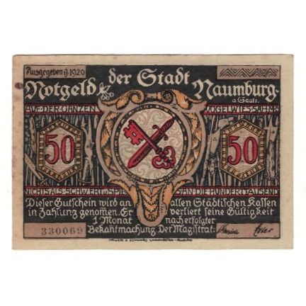 Banknote, Germany, Naumburg a.S. Stadt, 50 Pfennig, personnage 1, 1920