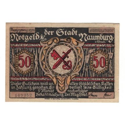 Biljet, Duitsland, Naumburg a.S. Stadt, 50 Pfennig, personnage 2, 1920, TTB+
