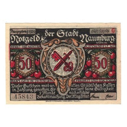 Billet, Allemagne, Naumburg a.S. Stadt, 50 Pfennig, personnage 6, 1920, TTB+
