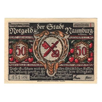 Banknote, Germany, Naumburg a.S. Stadt, 50 Pfennig, personnage 8, 1920