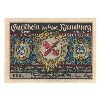 Banknote, Germany, Naumburg a.S. Stadt, 25 Pfennig, batiment 1, 1921, AU(55-58)